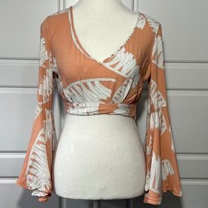Ecru Lab Wrap Crop Top Bell‎ Sleeve Orange White Palm Print Tropical Gypsy Small